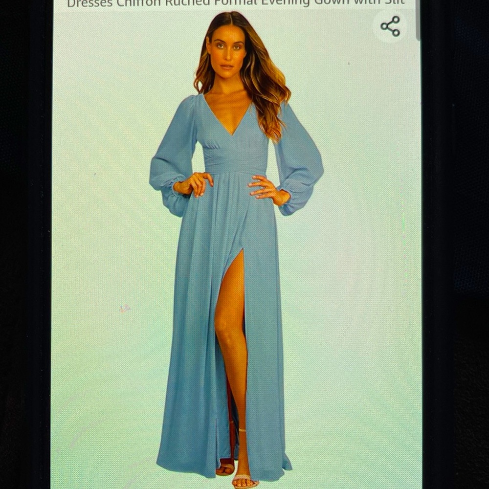 V-Neck Long Bridesmaid Dresses Chiffon Formal Evening Gown with Slit dusty blue